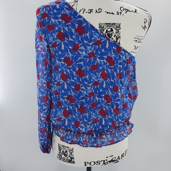 Lucky Brand Blouse One Shoulder Floral Blue Chiffon Elastic Waist Womens XS - Picture 5 of 7